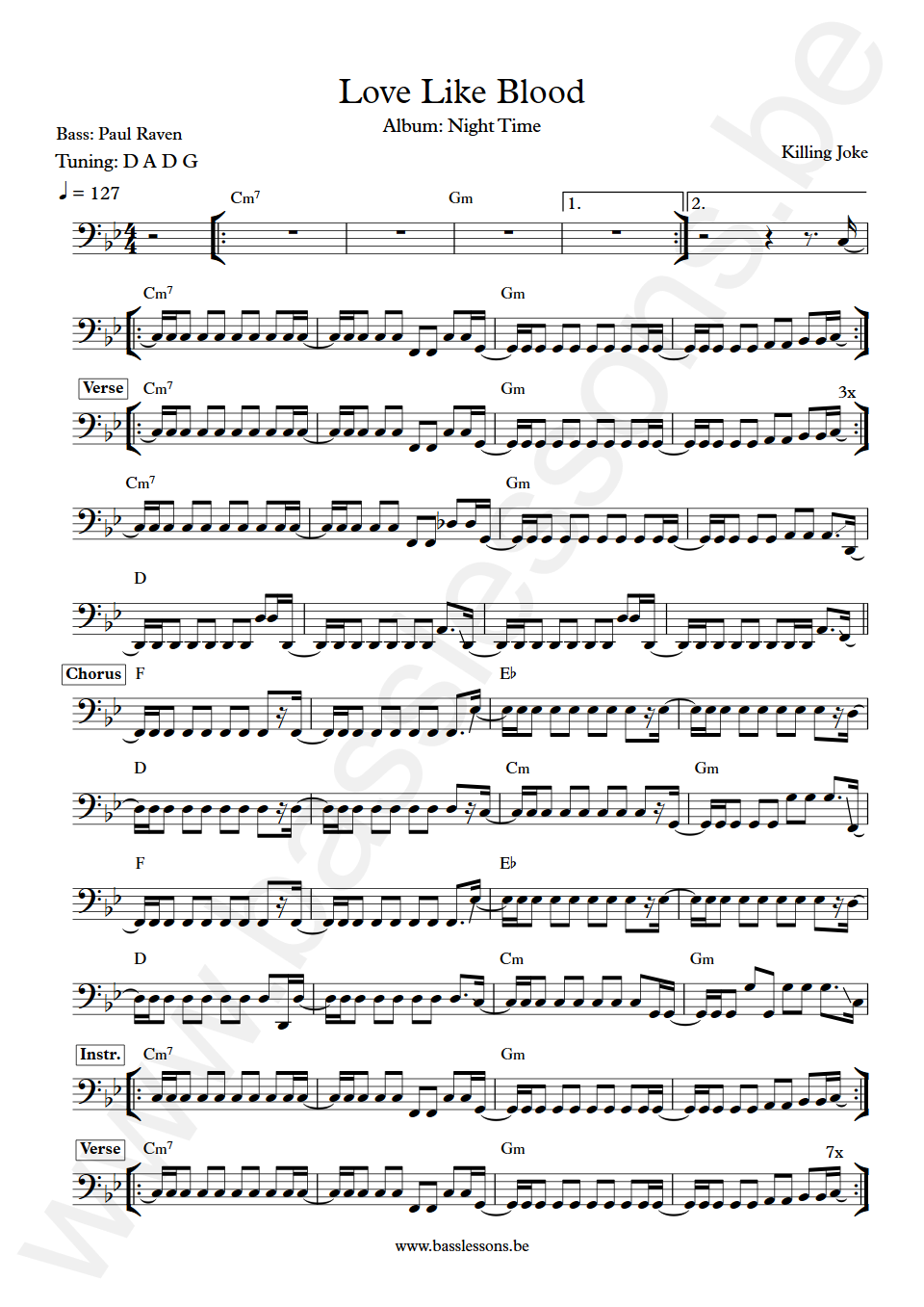 Killing Joke Love Like Blood Paul Raven  Bass Transcription