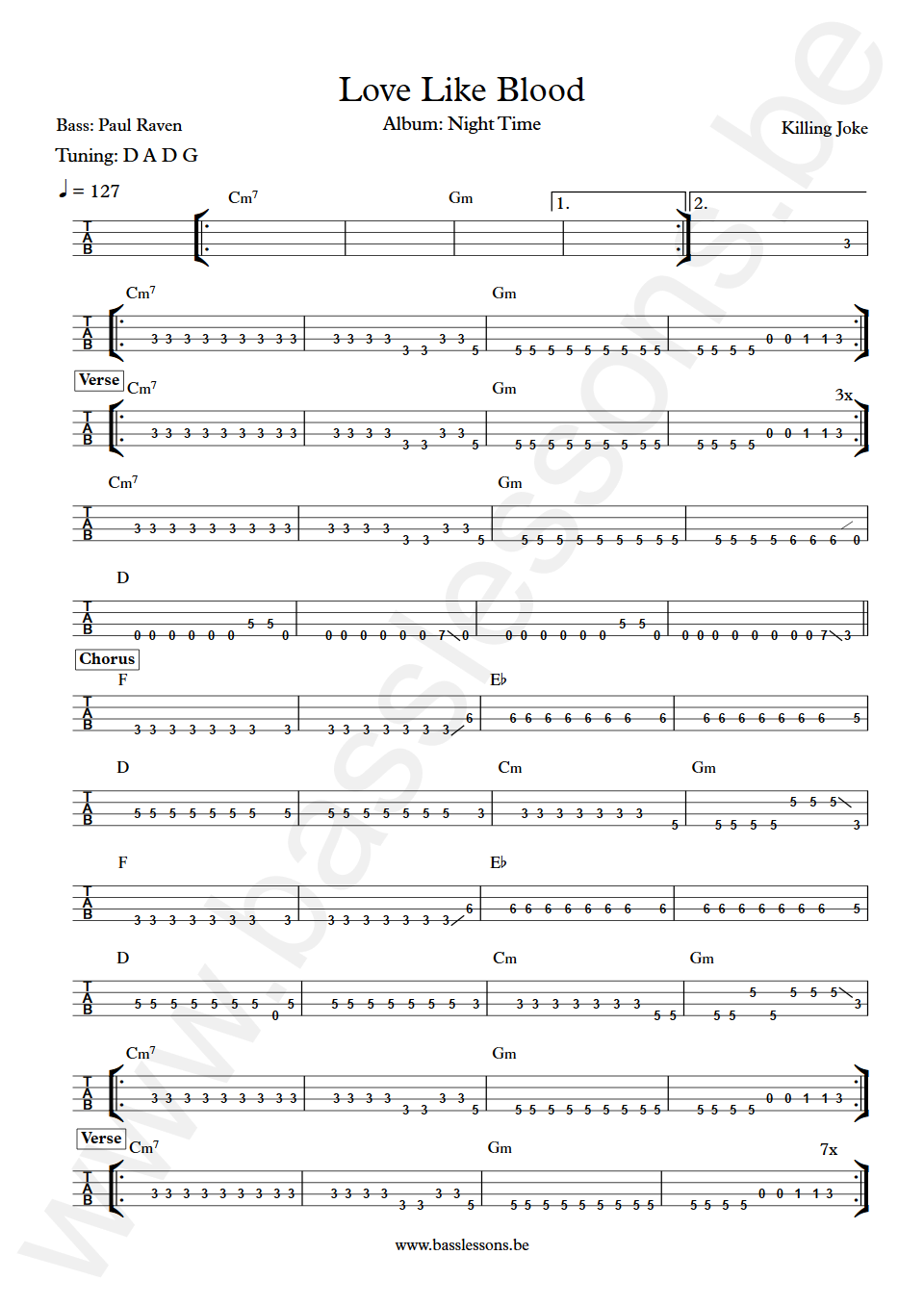 Killing Joke Love Like Blood Paul Raven  Bass Tab drop D