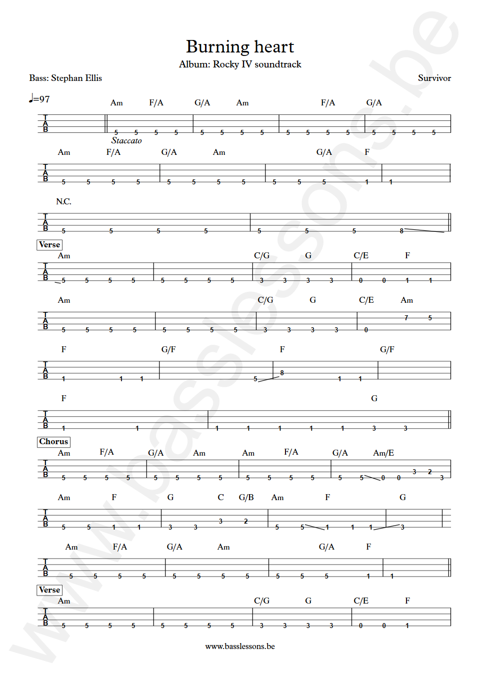 Survivor Burning heart Stephan Ellis Bass Tab