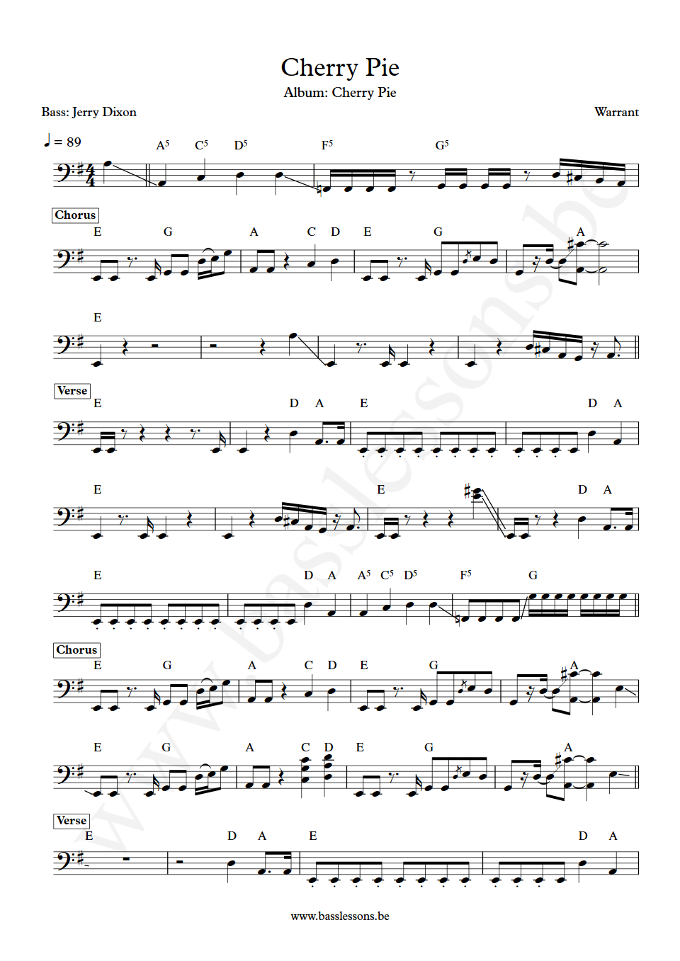 Warrant Cherry Pie Jerry Dixon  Bass Transcription