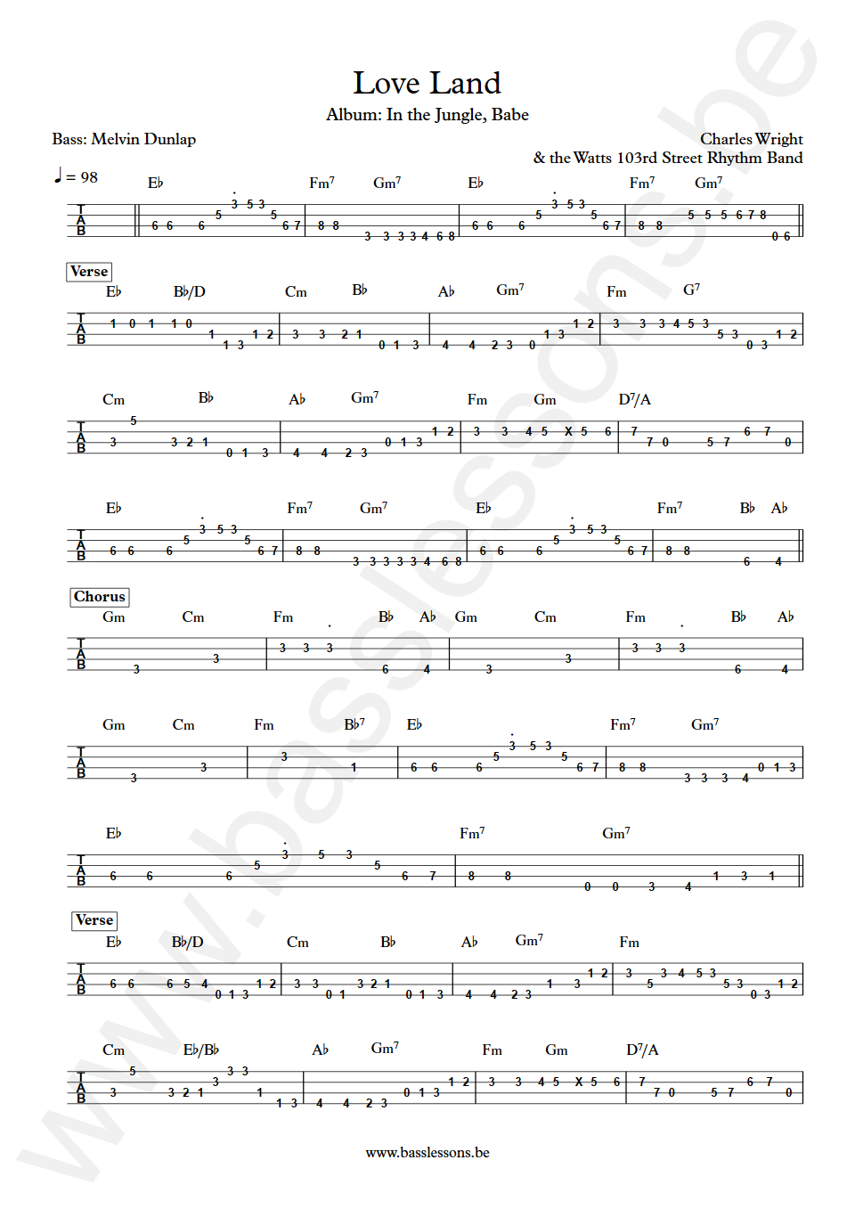 Charles Wright & the Watts 103rd Street Rhythm Band Loveland Melvin Dunlap Bass Tabs