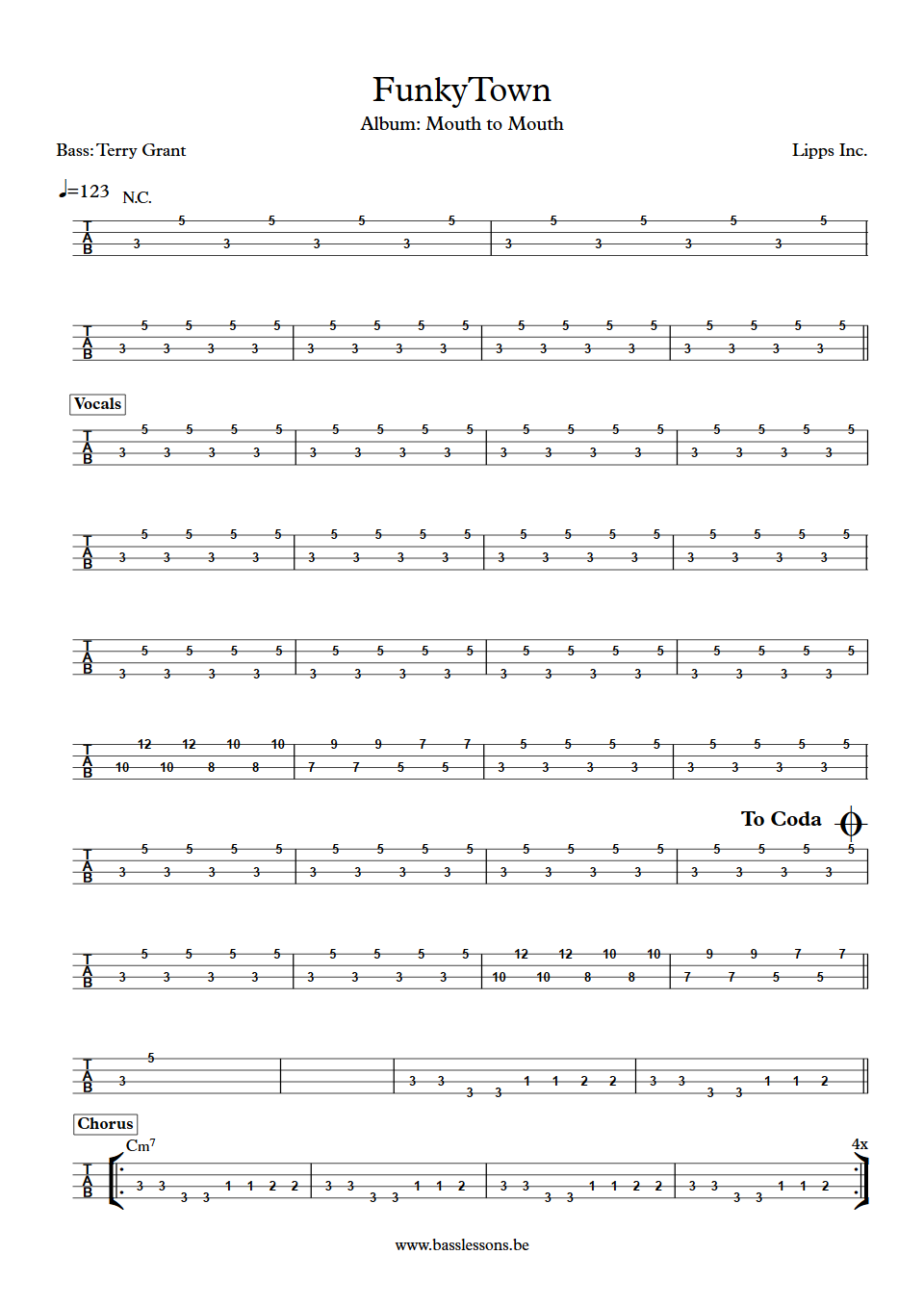 Lipps inc. Funkytown Terry Grant Bass Tabs