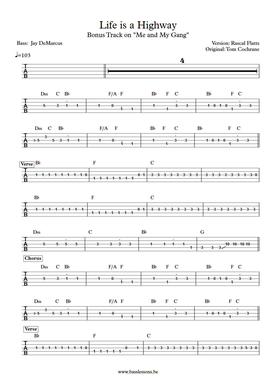 Rascal Flatts Life Is A Highway Jay DeMarcus bass tab