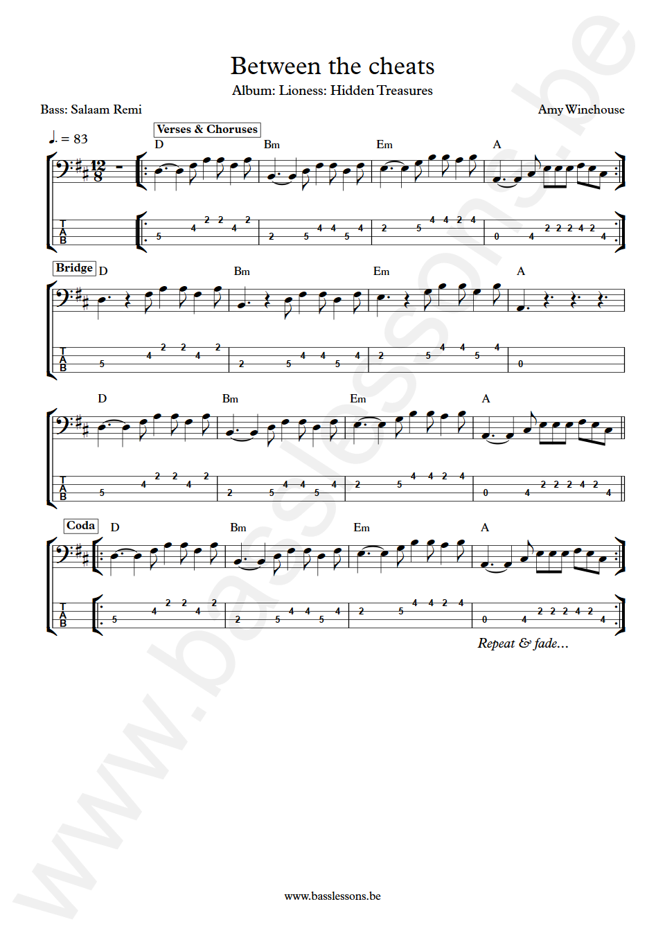 Amy Winehouse Between the cheats Salaam Remi Bass Transcription