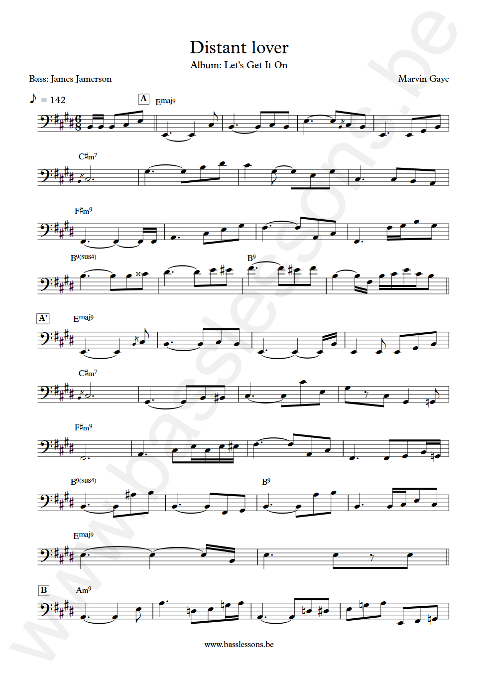 Marvin Gaye Distant lover James Jamerson Bass Transcription