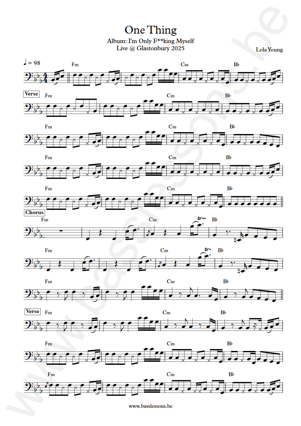 Lola Young One Thing Bass Transcription
