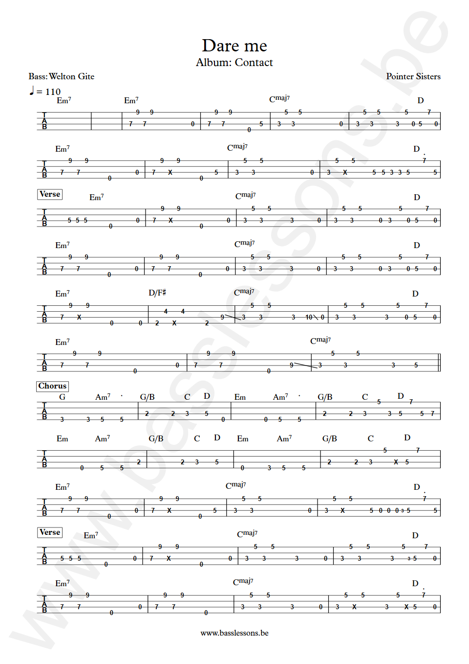 Pointer Sisters Dare me Welton Gite Bass Tabs