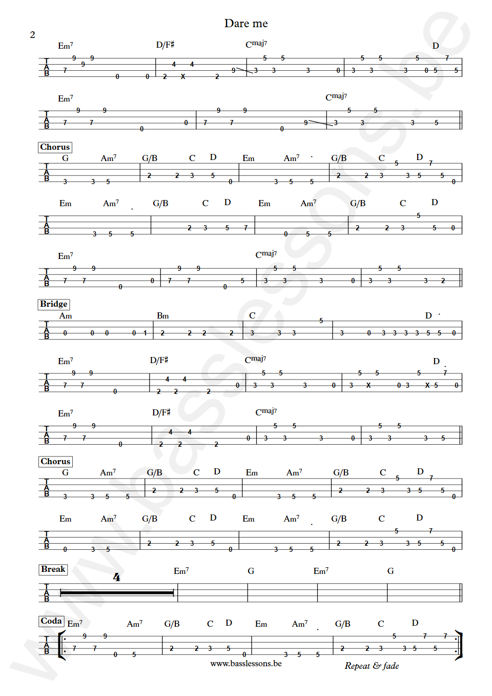 Pointer Sisters Dare me Welton Gite Bass Tabs part 2