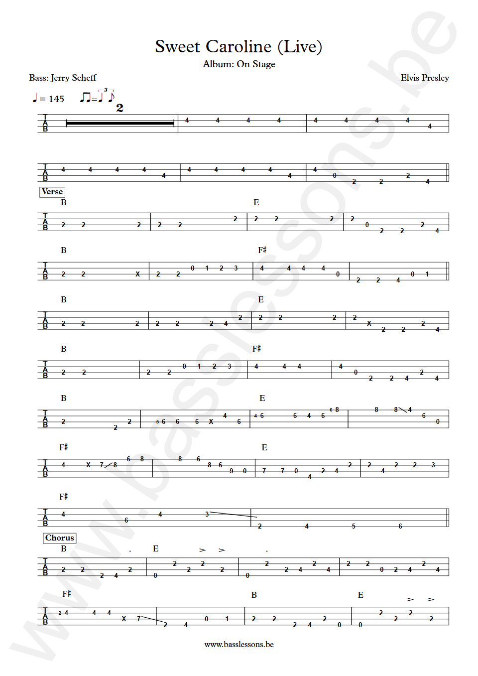 Elvis Presley Sweet Caroline (Live) Jerry Scheff  Bass Tab