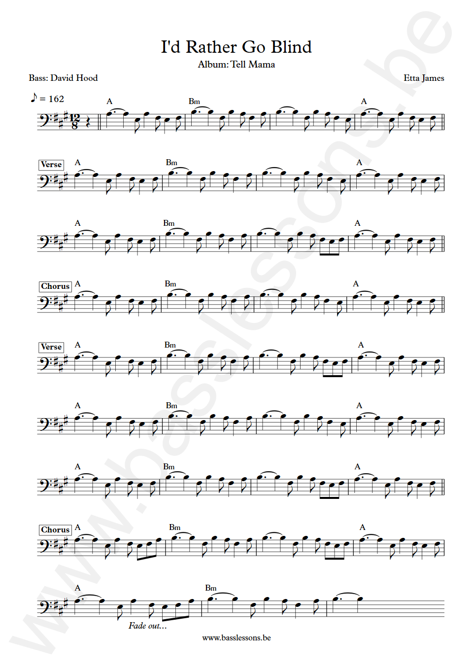 Etta James I'd Rather Go Blind David Hood Bass Transcription