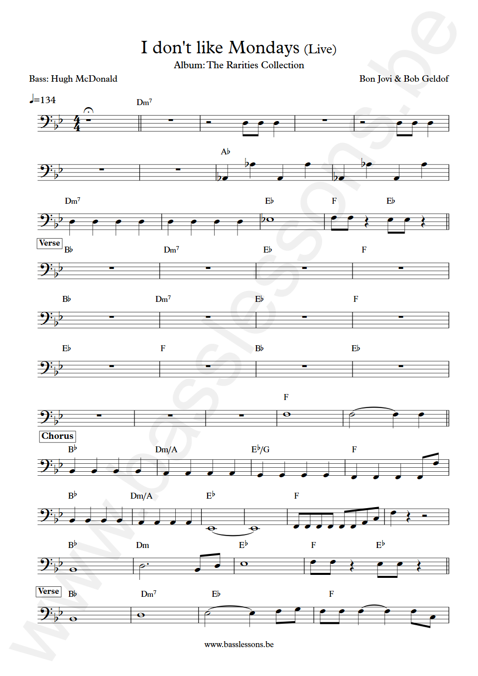 Bon Jovi & Bob Geldof I Don't Like Mondays Hugh McDonald Bass Transcription