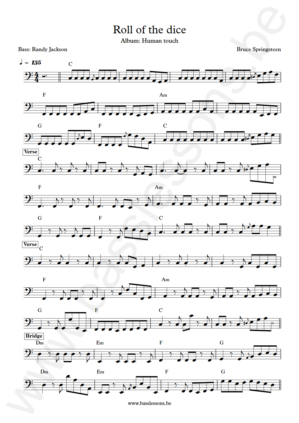 Bruce Springsteen Roll of the dice Randy Jackson Bass Transcription