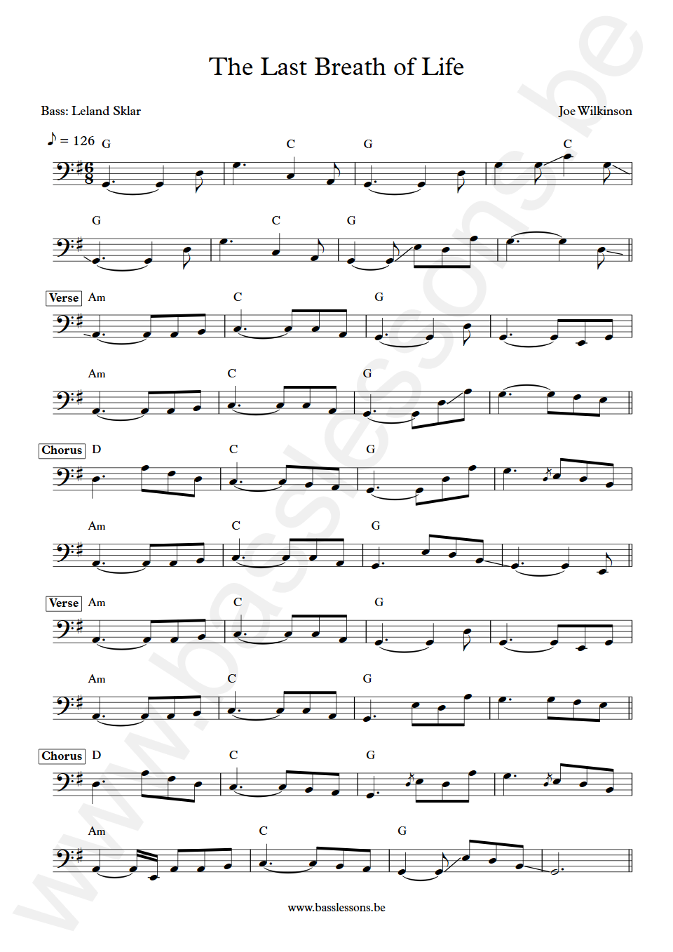 Joe Wilkinson The Last Breath of Life Leland Sklar Bass Transcription