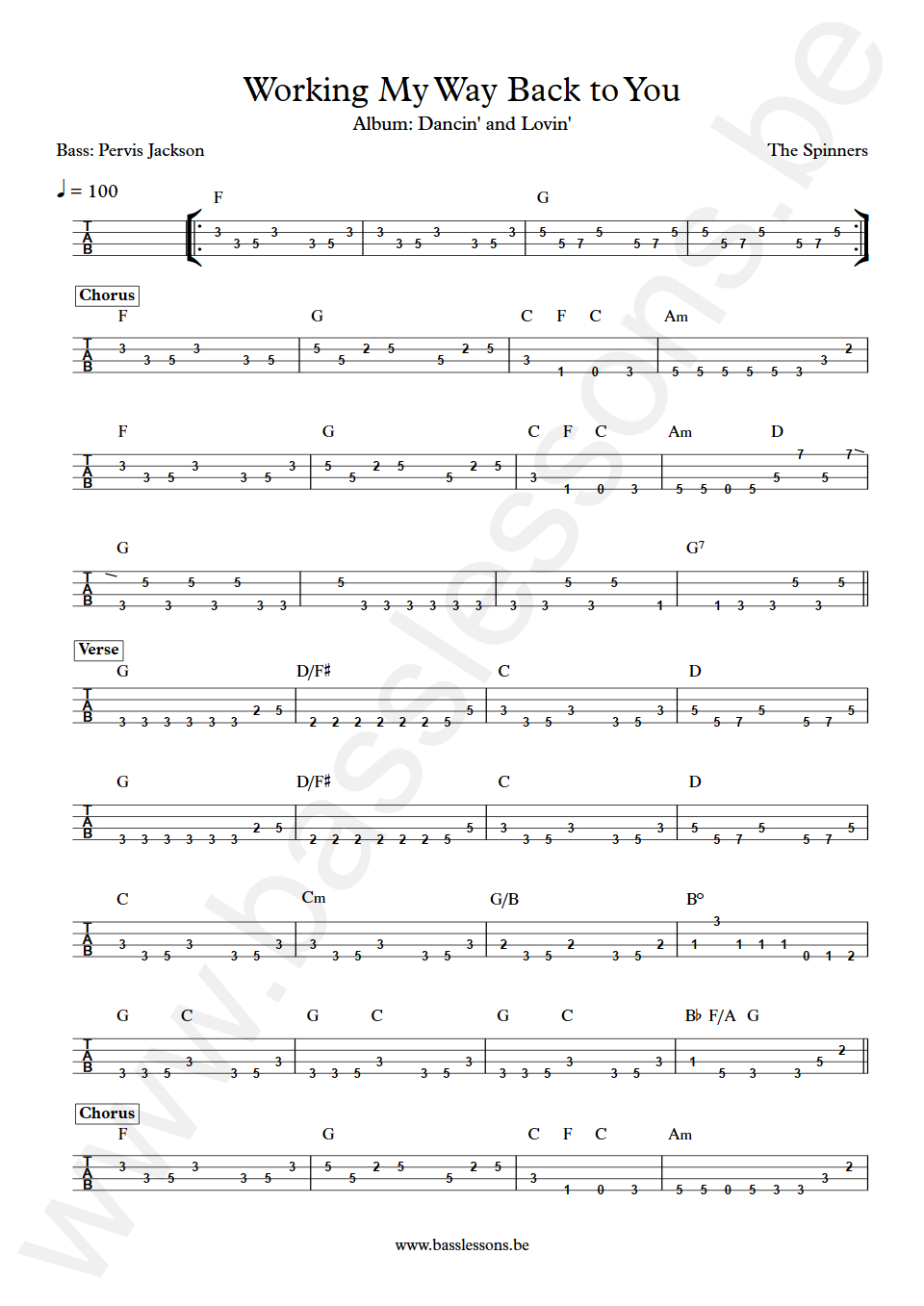 The Spinners Working My Way Back to You Pervis Jackson  Bass Tabs