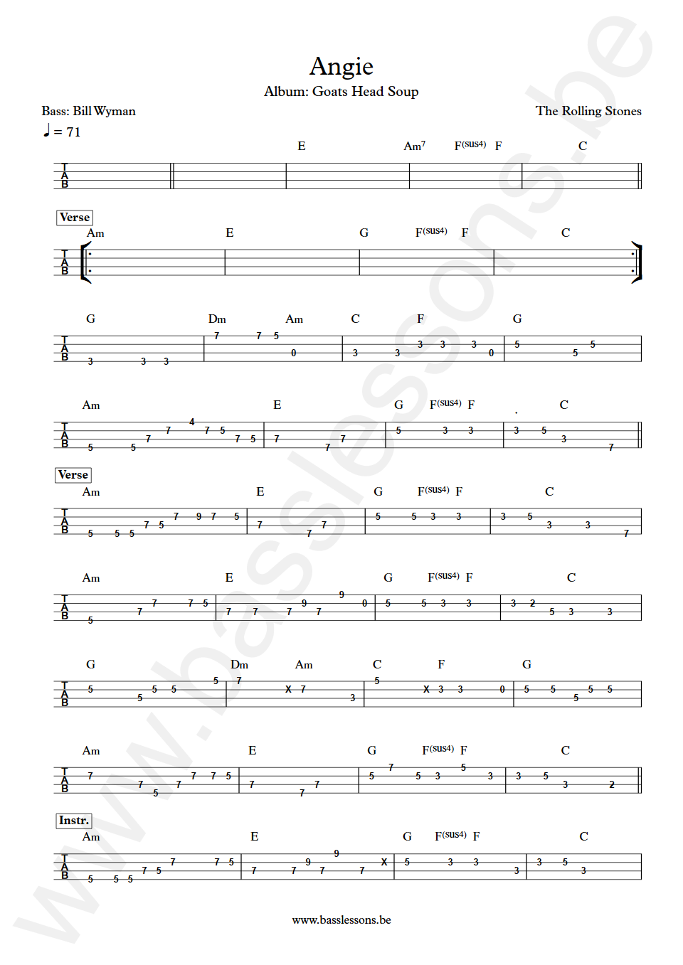 The Rolling Stones Angie Bill Wyman Bass Tabs