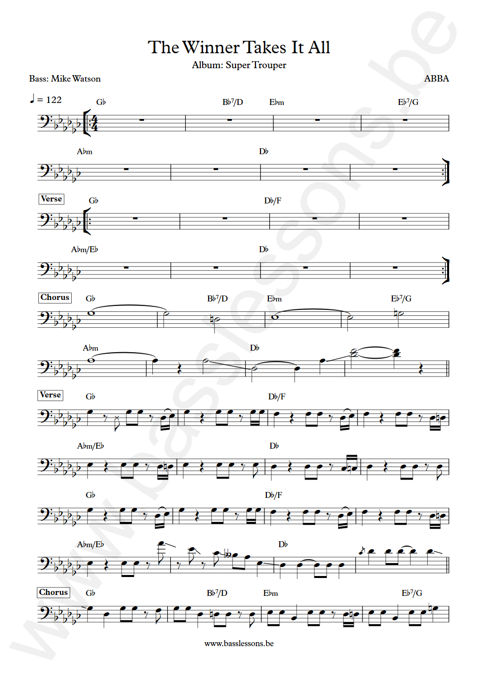 ABBA The Winner Takes It All Mike Watson Bass Transcription