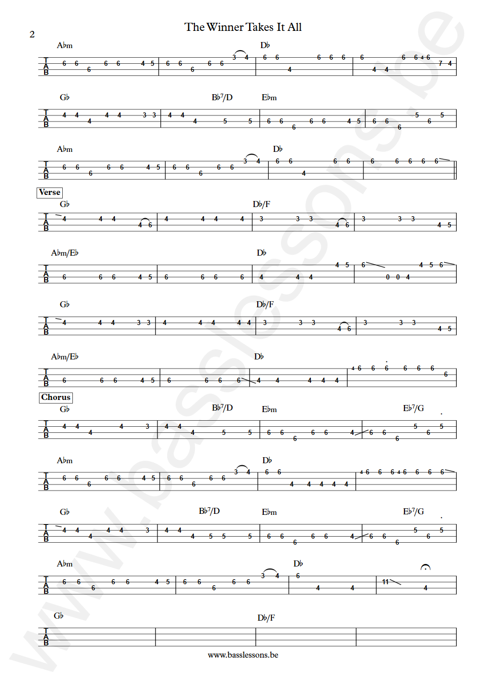 ABBA The Winner Takes It All Mike Watson Bass Tabs part 2
