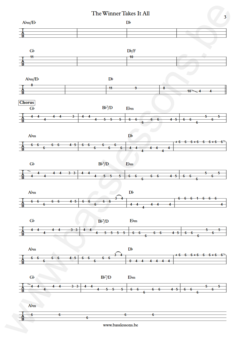 ABBA The Winner Takes It All Mike Watson Bass Tabs part 3