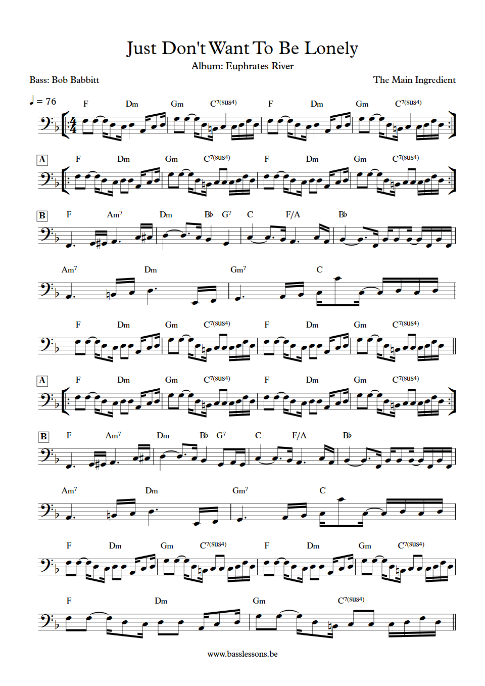 The Main Ingredient Just Don't Want To Be Lonely Bob Babbitt Bass Transcription