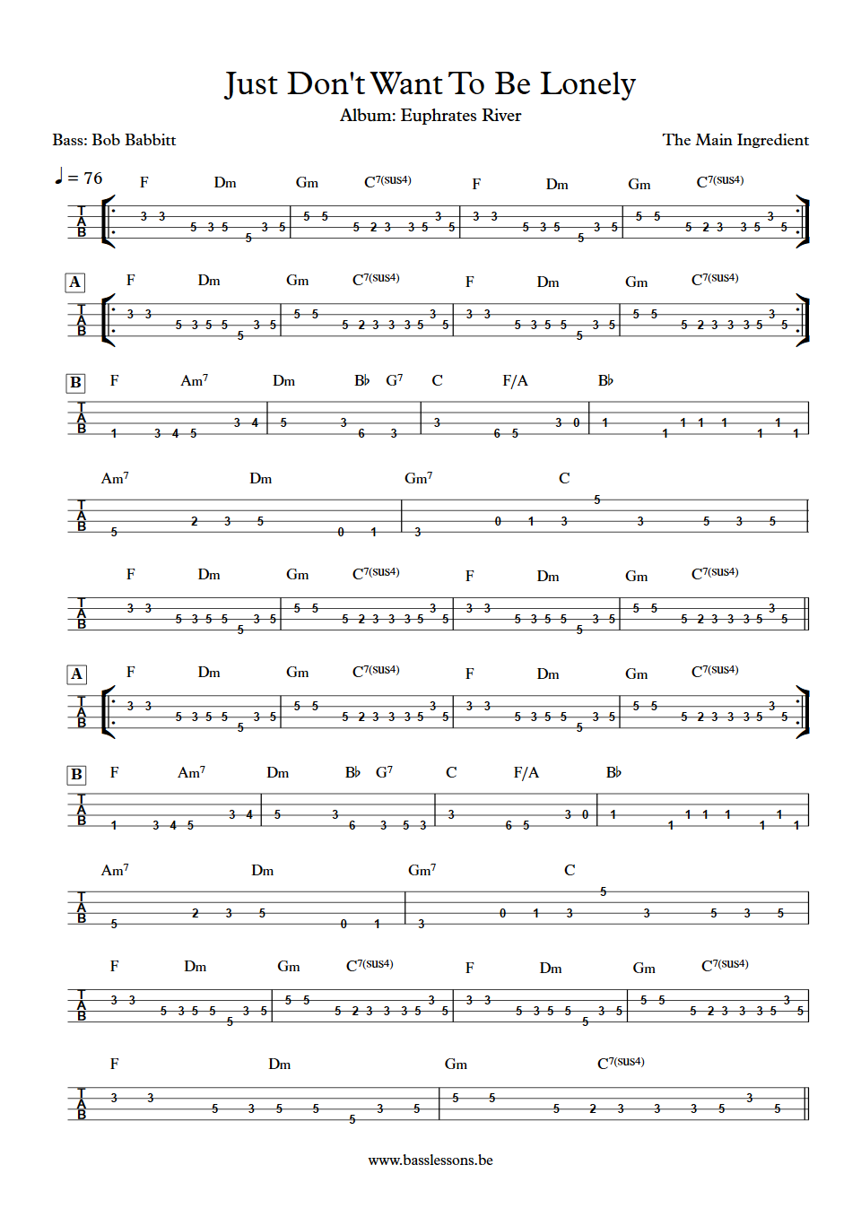 The Main Ingredient Just Don't Want To Be Lonely Bob Babbitt Bass Tabs