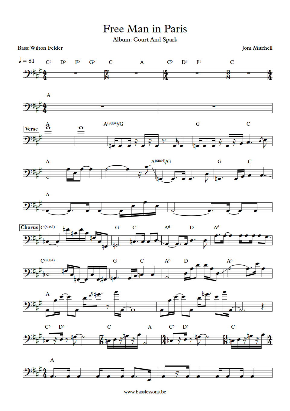 Joni Mitchell Free Man in Paris Wilton Felder Bass Transcription