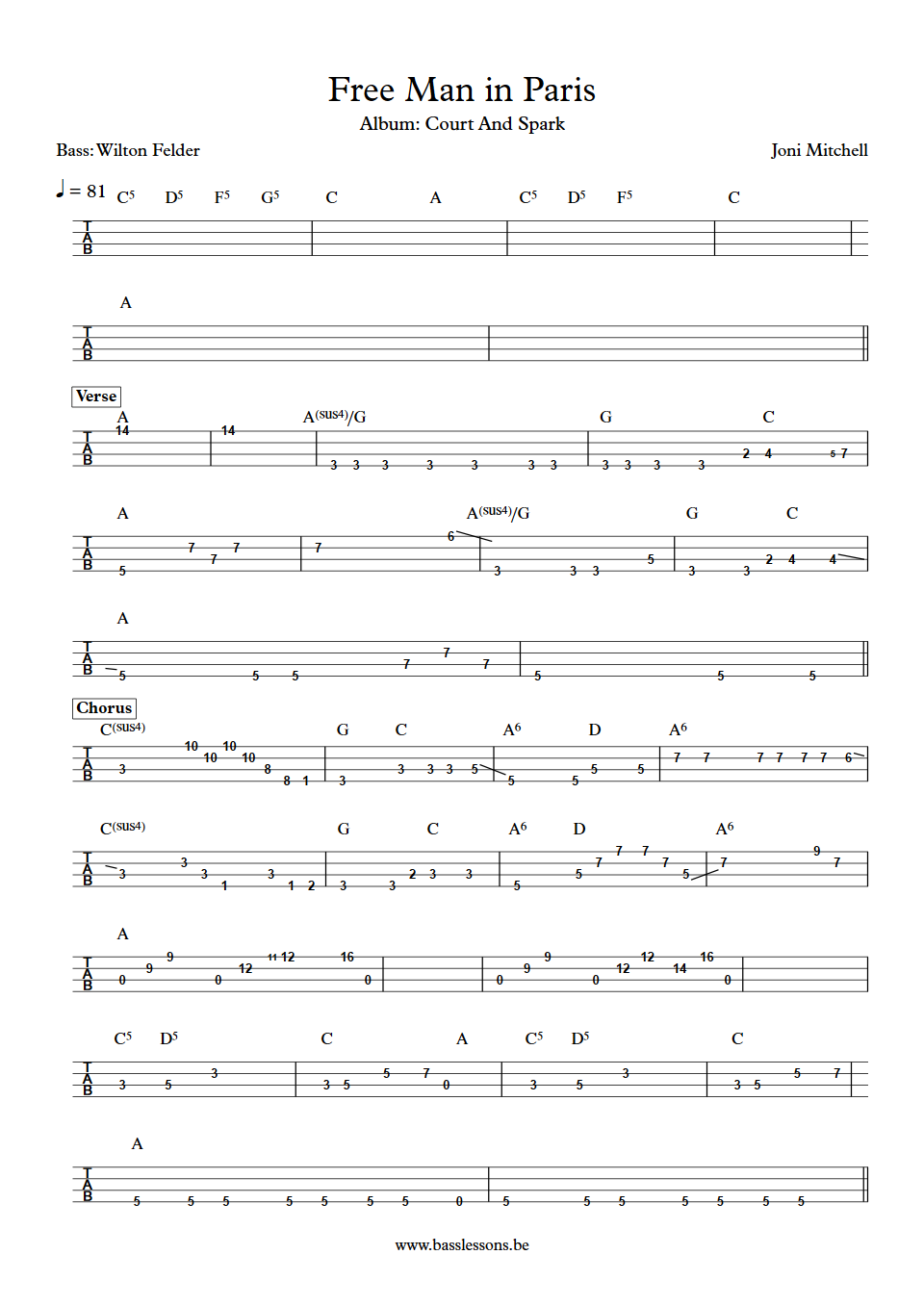 Joni Mitchell Free Man in Paris Wilton Felder Bass Tabs