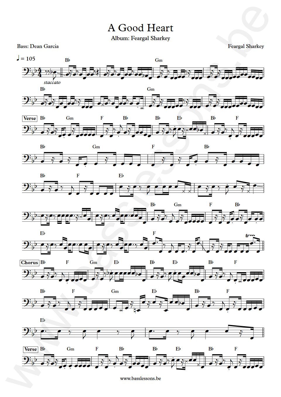 Feargal Sharkey A Good Heart Dean Garcia Bass Transcription