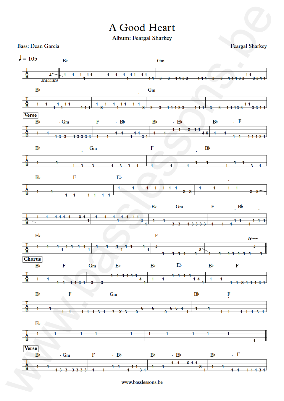 Feargal Sharkey A Good Heart Dean Garcia Bass Tab