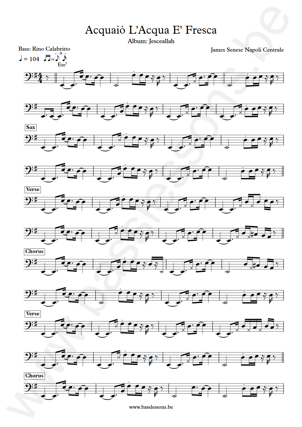 James Senese Acquaiò l'acqua è fresca Rino Calabritto Bass Transcription