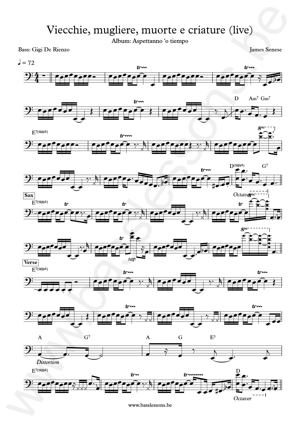 James Senese Viecchie mugliere muorte e criature Gigi De Rienzo Bass Transcription