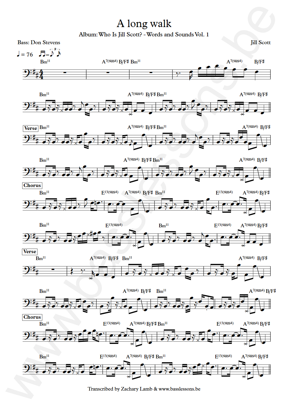 Jill Scott A long walk Don Stevens Bass Transcription