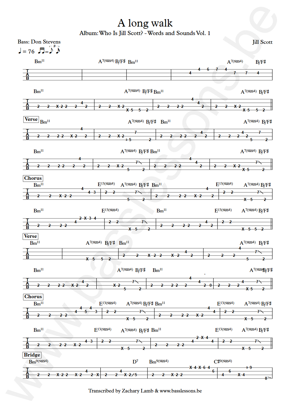 Jill Scott A long walk Don Stevens Bass Tab