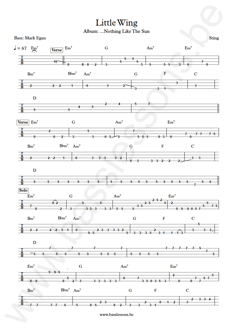 Sting Little Wing Mark Egan Bass Tabs