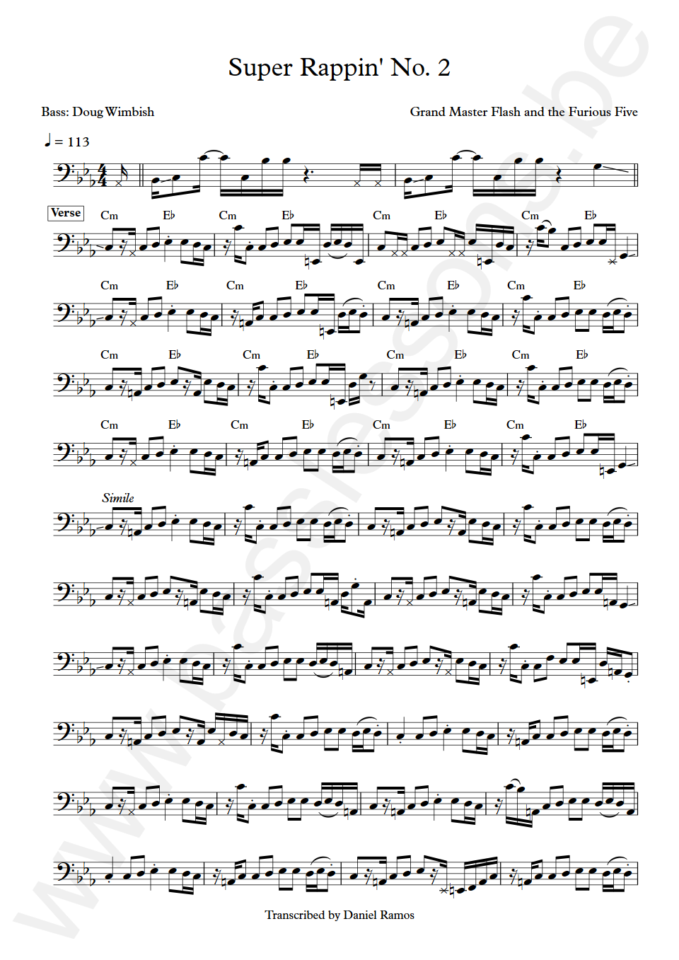 Grand Master Flash and the Furious Five Super Rappin No. 2 Doug Wimbish Bass Transcription