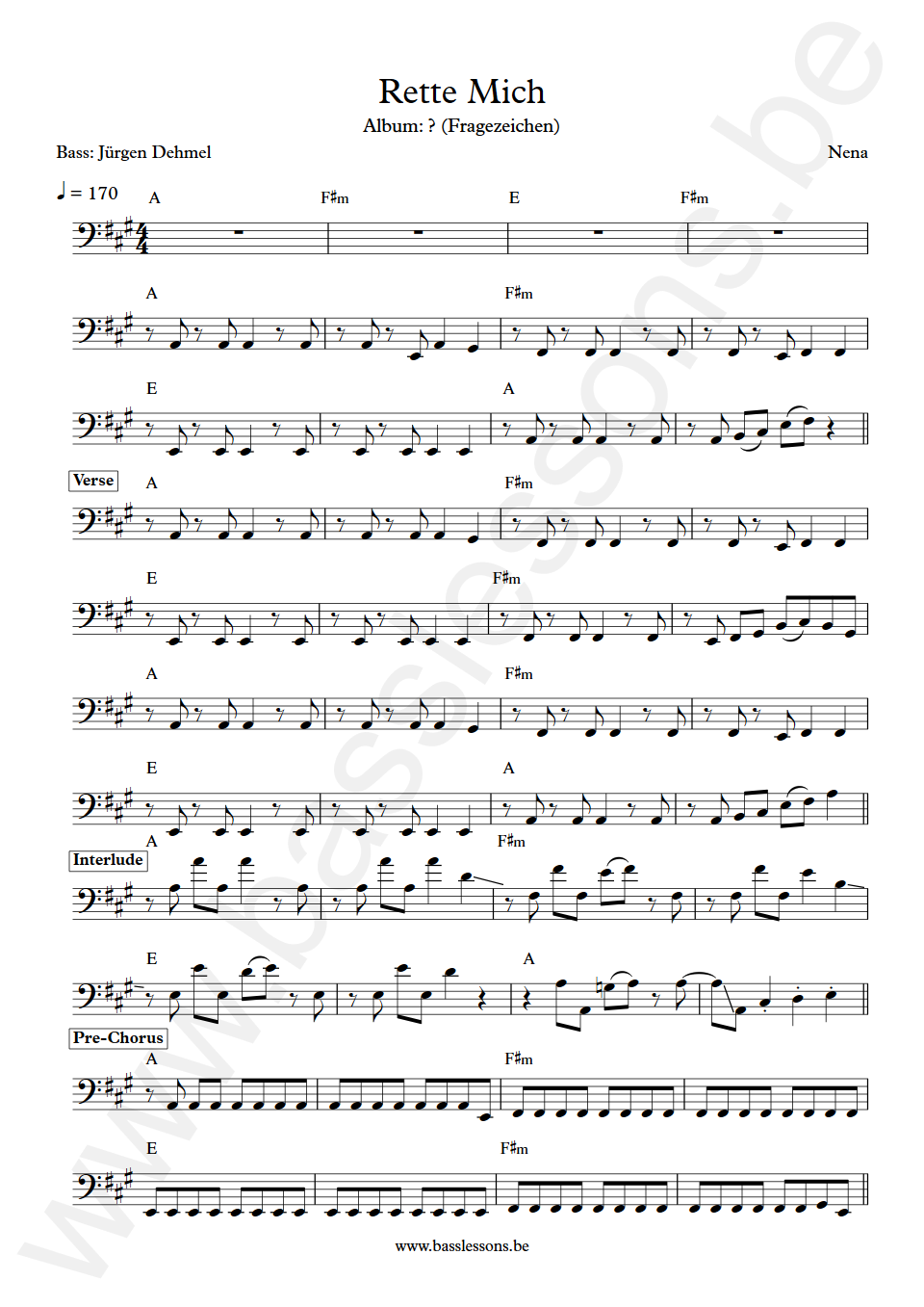 Nena Rette Mich Jürgen Dehmel  Bass Transcription