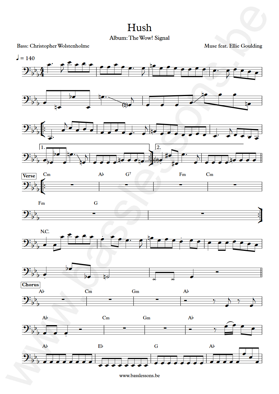 Muse Hush feat. Ellie Goulding Chris Wolstenholme Bass Transcription