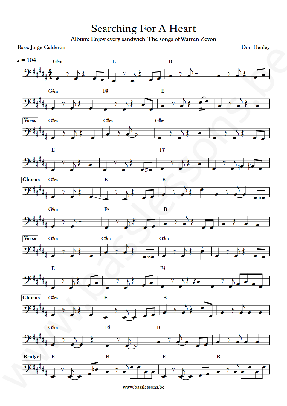 Don Henley Searching For A Heart Jorge Calderón Bass Transcription