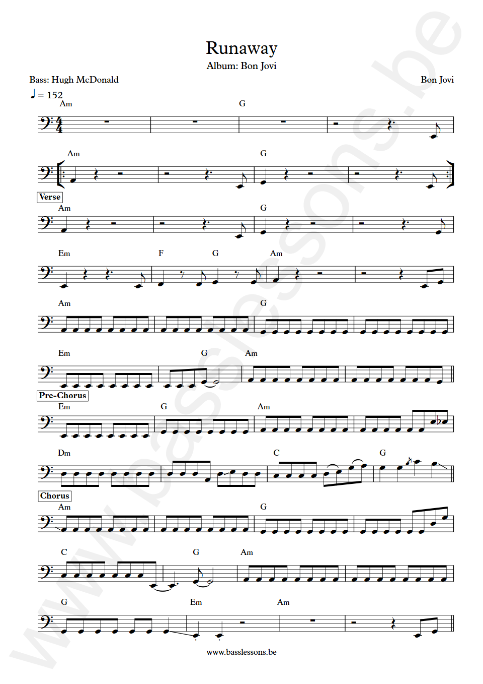 Bon Jovi Runaway Hugh McDonald Bass Transcription