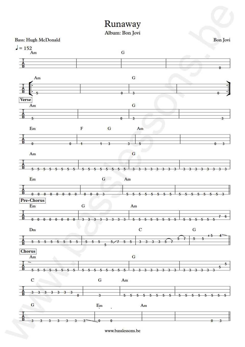 Bon Jovi Runaway Hugh McDonald Bass Tab