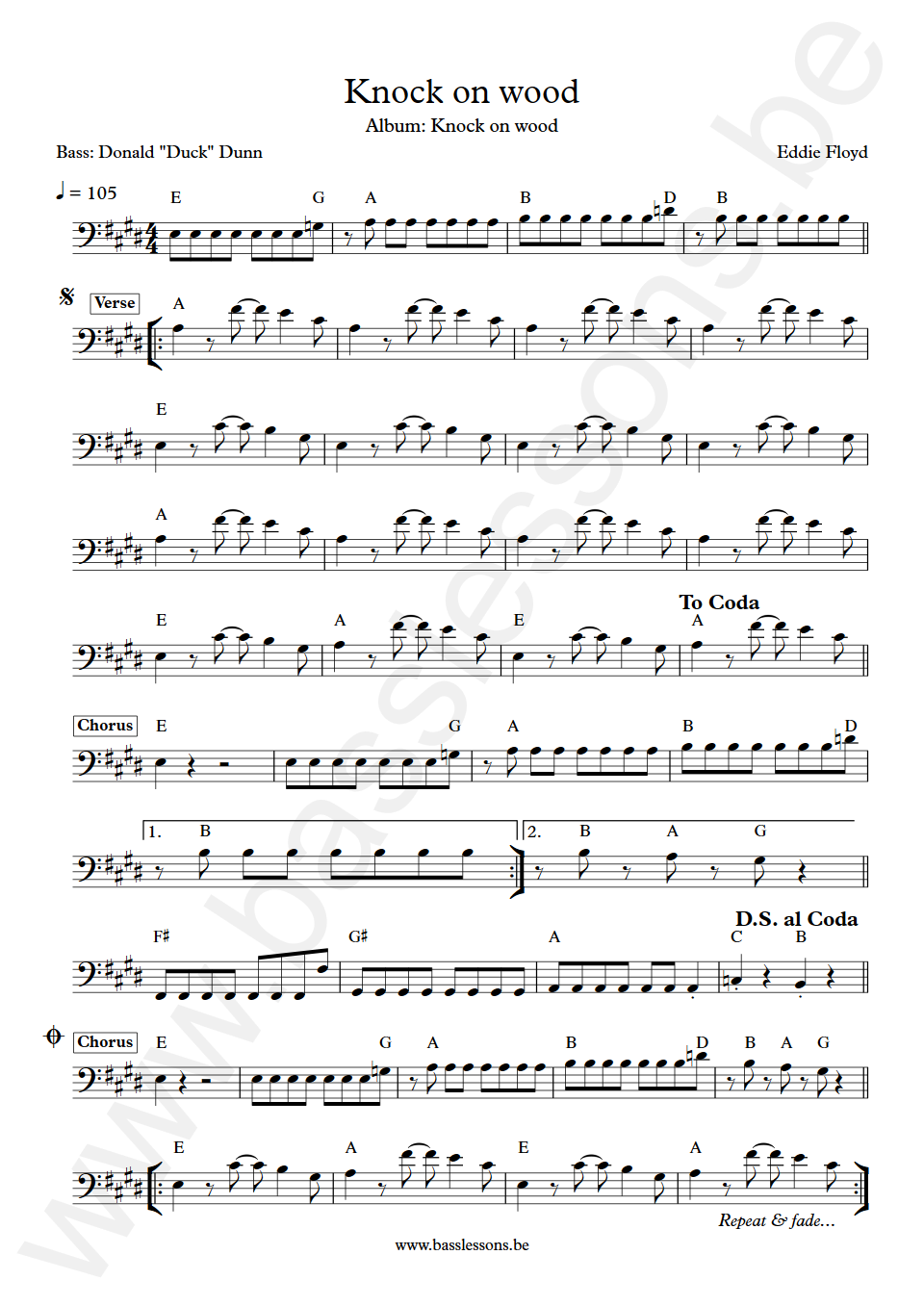 Eddie Floyd Knock on wood Donald 'Duck' Dunn Bass Transcription