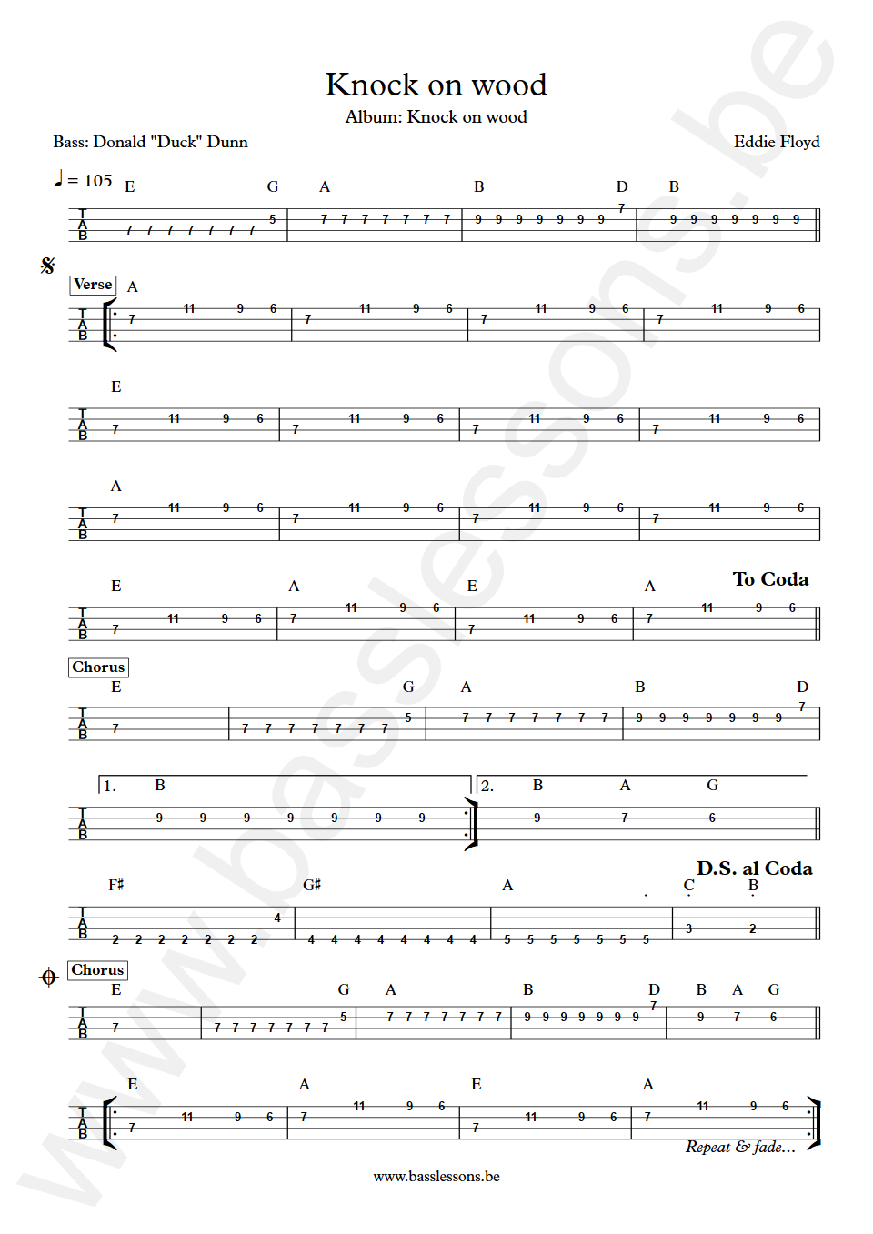 Eddie Floyd Knock on wood Donald 'Duck' Dunn Bass Tab