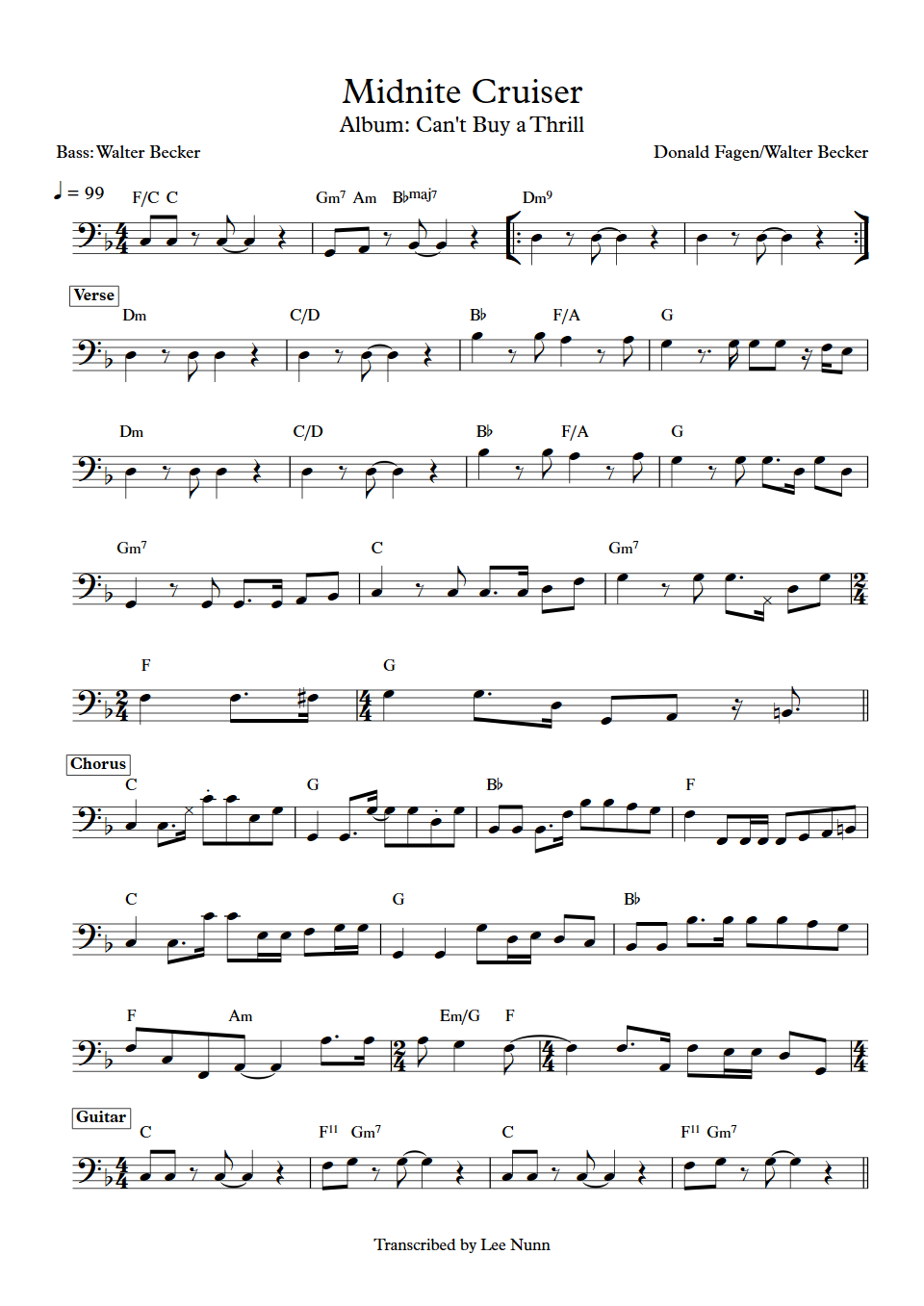 Steely Dan Midnite Cruiser Walter Becker Bass Transcription