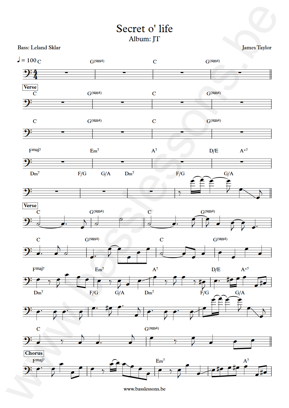 James Taylor Secret o life Leland Sklar Bass Transcription