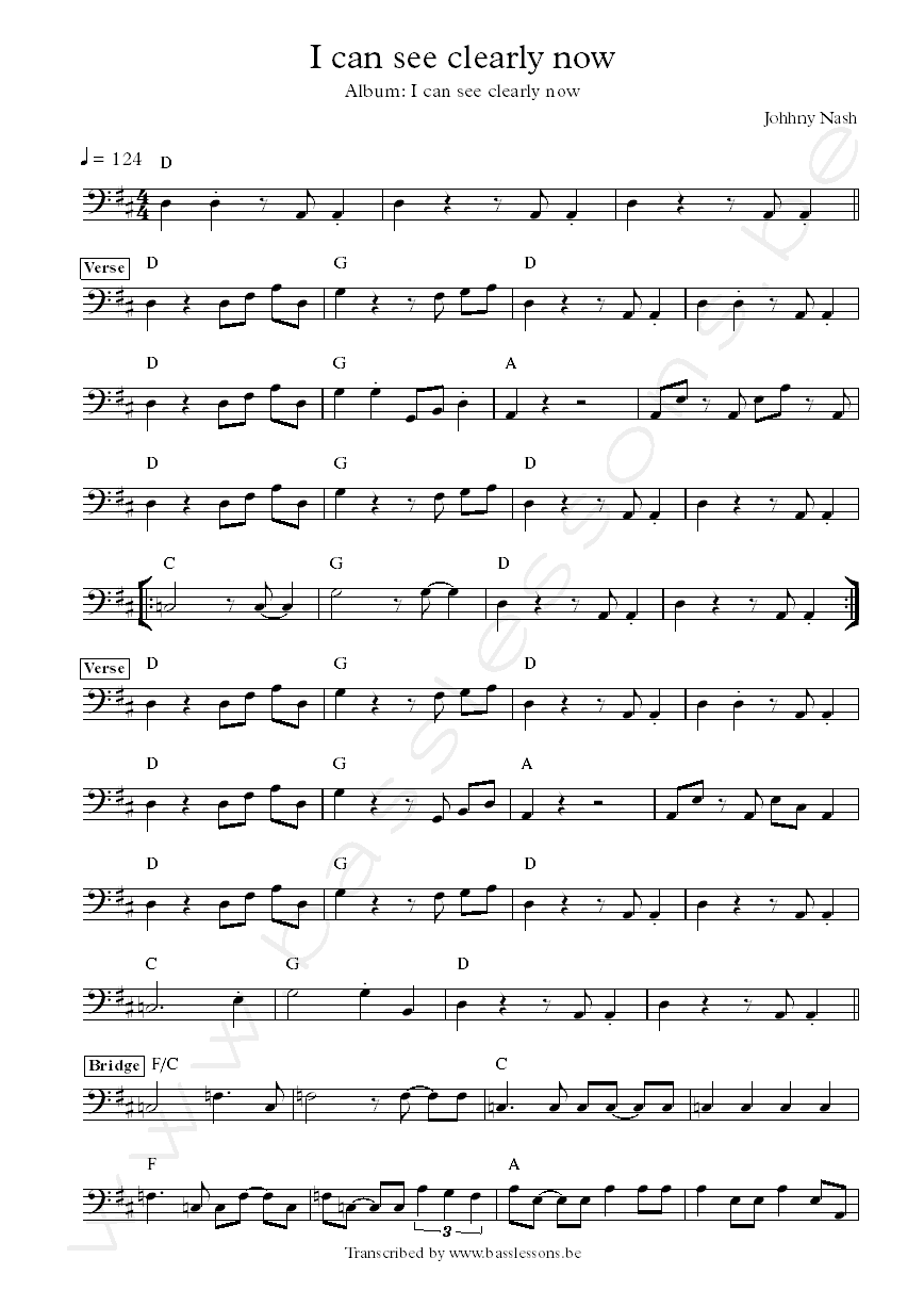 Johnny nash i can see clearly now bass transcription