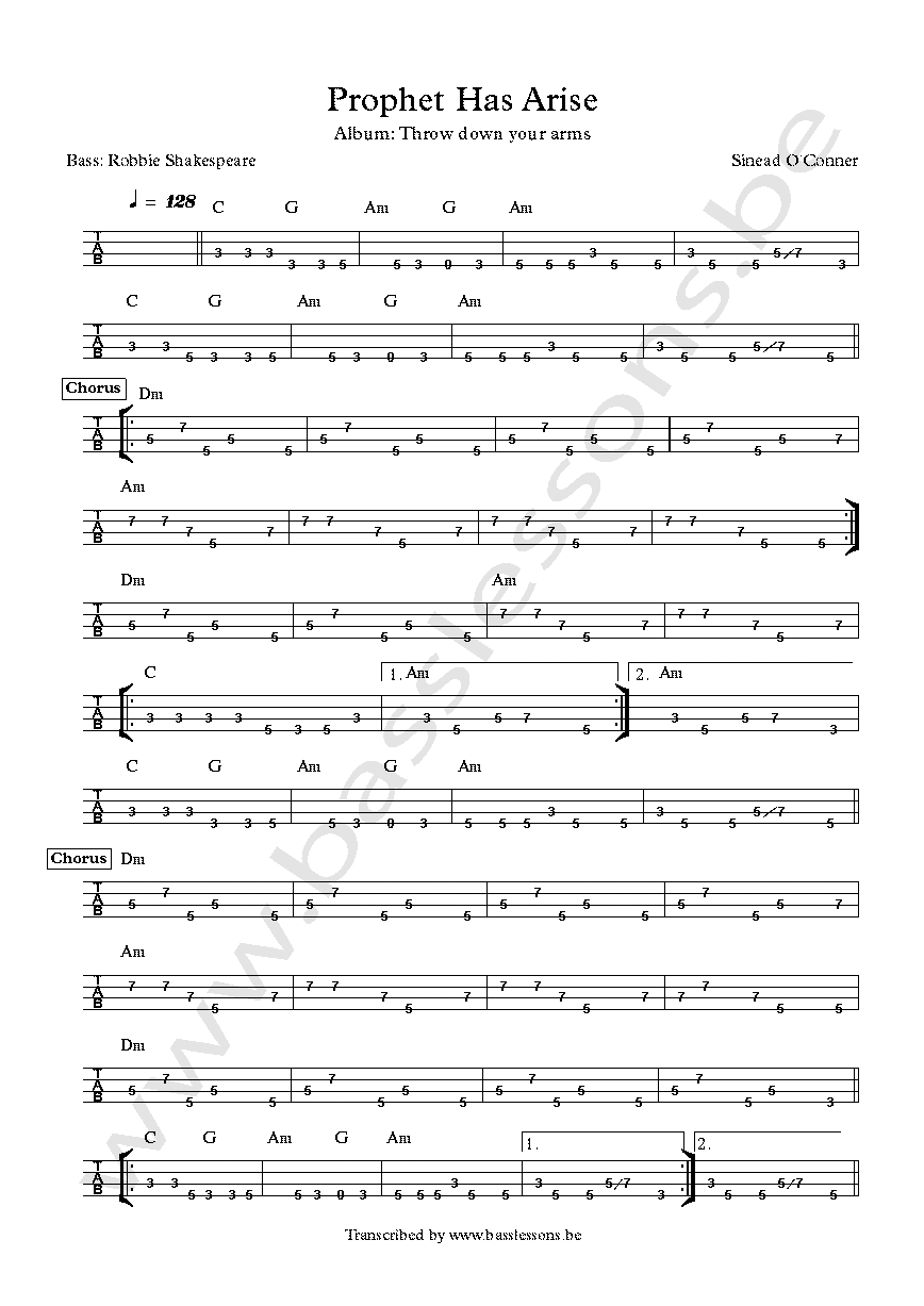 Sinead OConnor Prophet Has Arise  Robbie Shakespeare bass tab