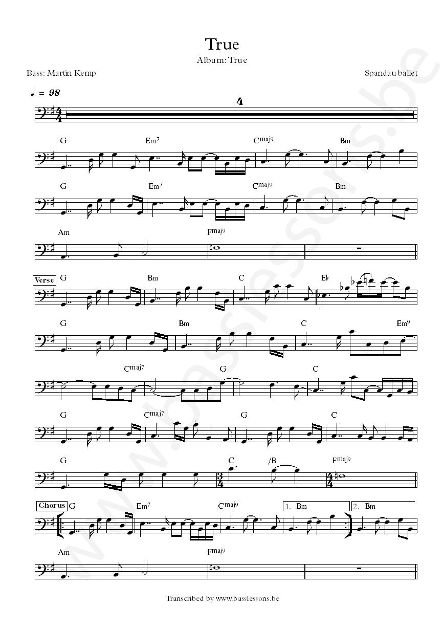 Spandau ballet true bass transcription