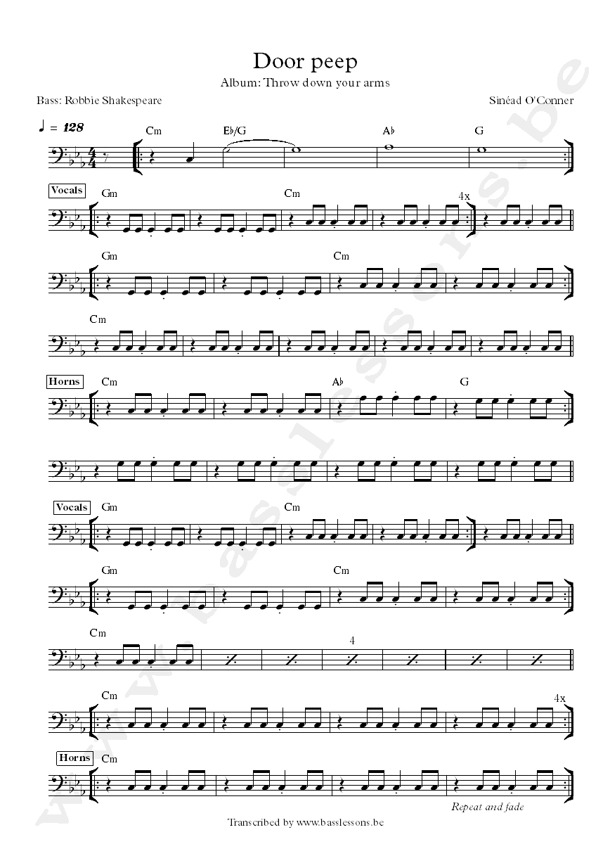 Sinead OConnor door peep robbie shespeare bass transcription