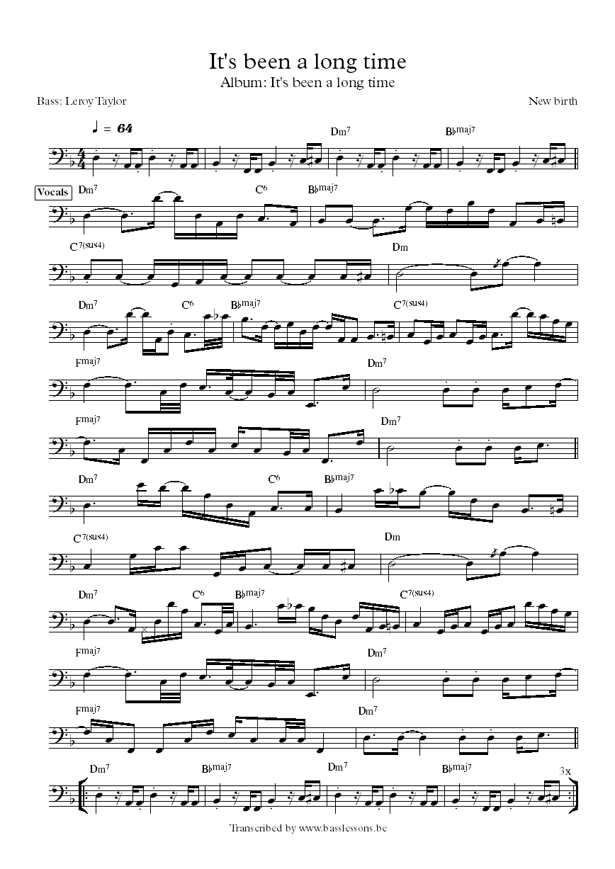 New birth It's been a long time Leroy Taylor bass transcription
