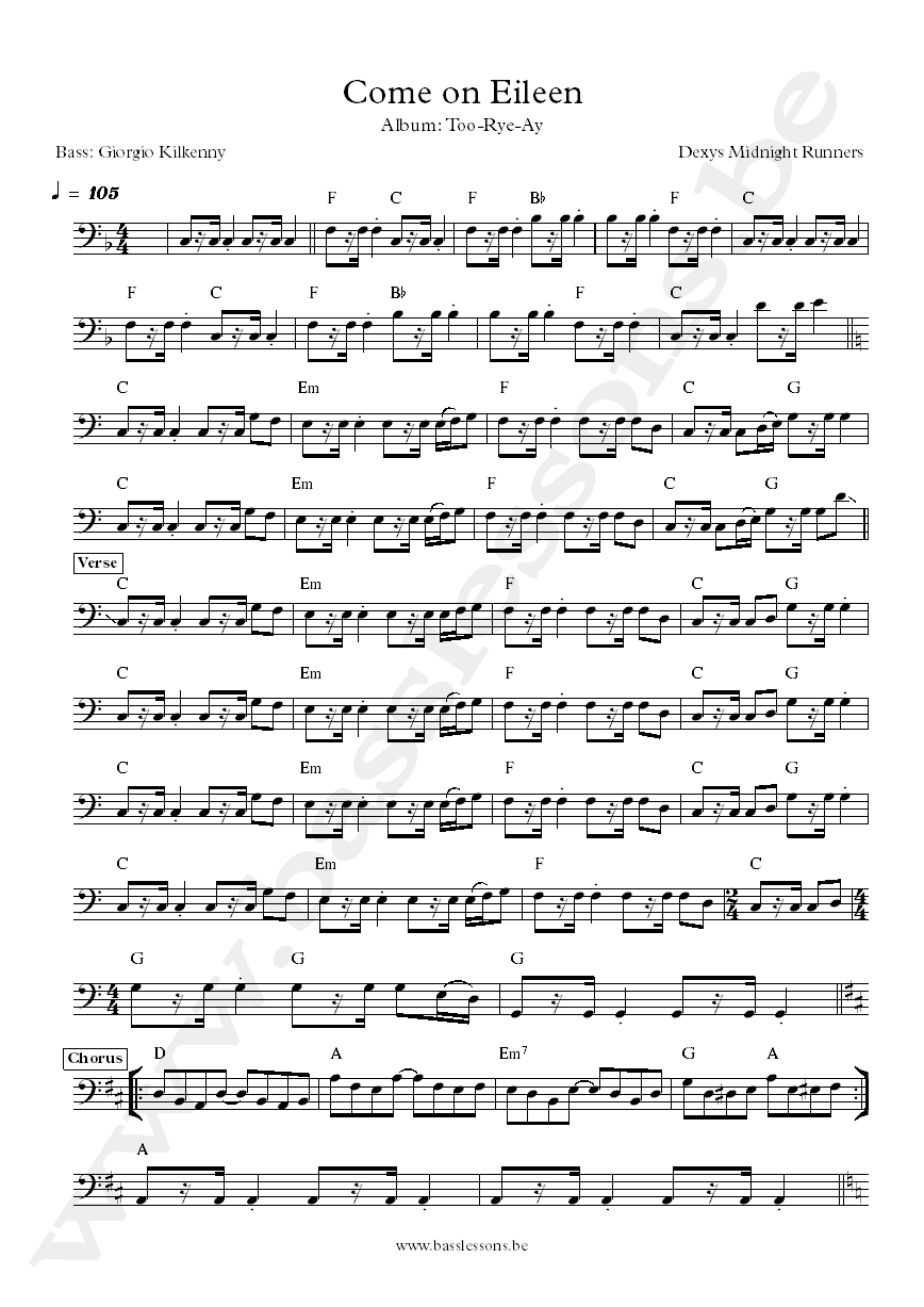 Dexys Midnight Runners Come on Eileen Giorgio Kilkenny bass transcription