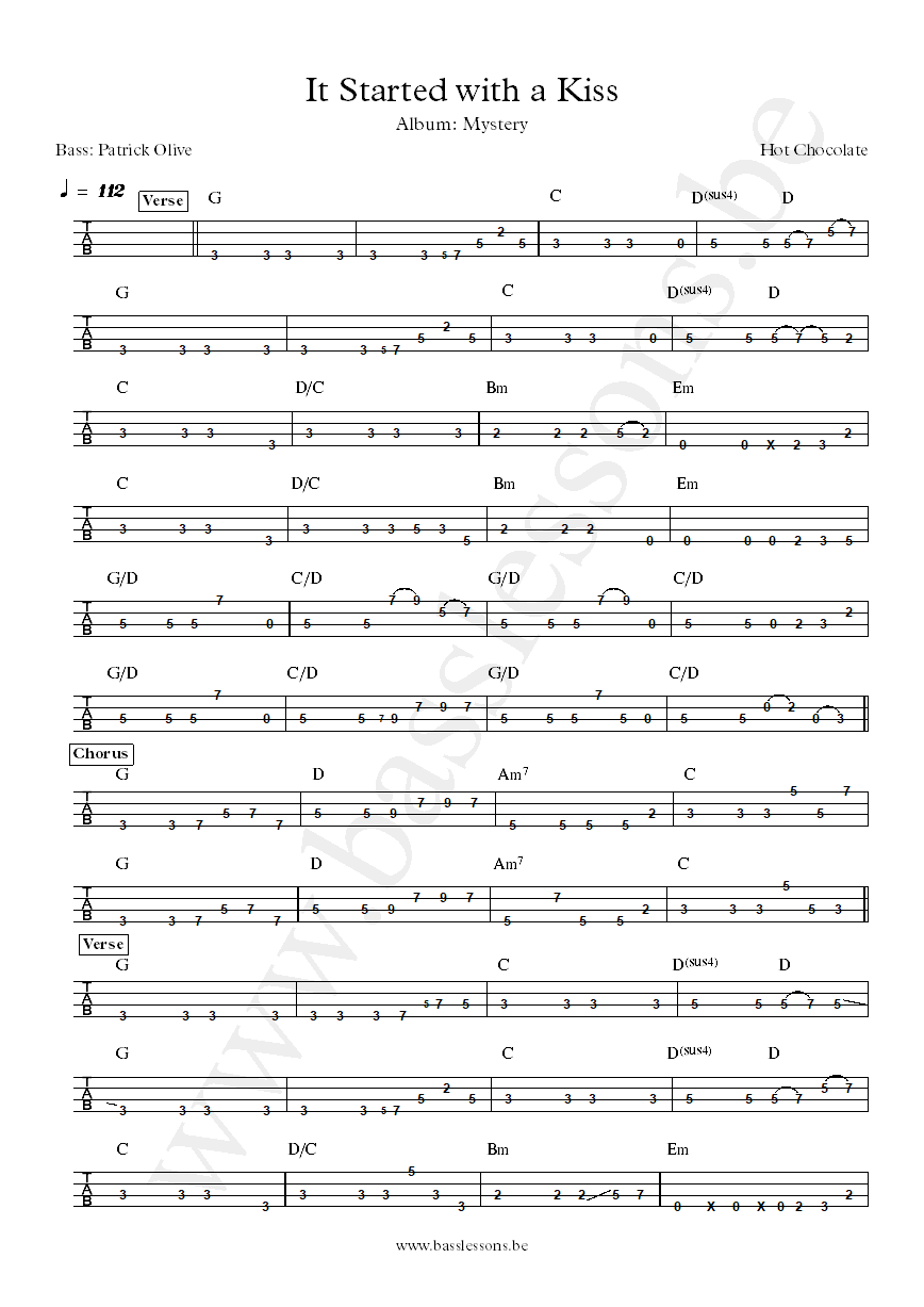 Hot Chocolate It Started with a Kiss bass tab